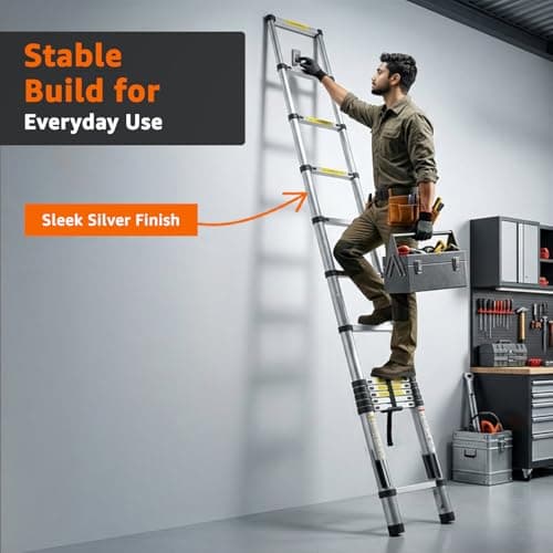 Amazon Basics 5.1 m (16.73 ft) Foldable Telescopic Ladder | Aluminum 13-Step Portable Ladder | Space-Saving for Home Maintenance & Outdoor Tasks 5