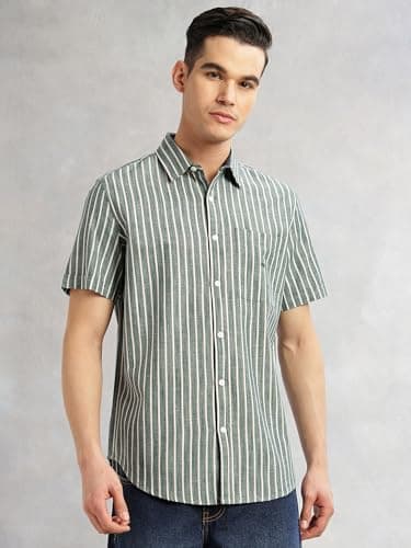 Thomas Scott Men | Slim Fit | Cotton Linen | Vertical Stripes | Casual Shirt with Spread Collar & Short Sleeves (TS1786_Midblue_M) Mid Blue 4