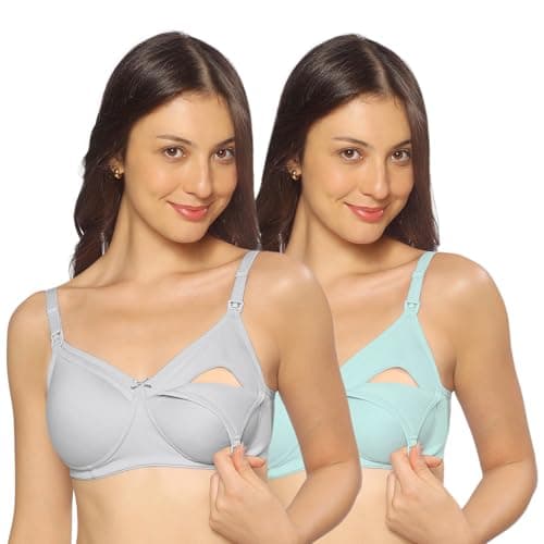 MomToBe Women's Cotton Multicolor Full Cup Non-Padded Feeding Bra/Nursing Bra/Maternity Bra Combo - Pack of 2 (Silver Grey-Pastel Mint)