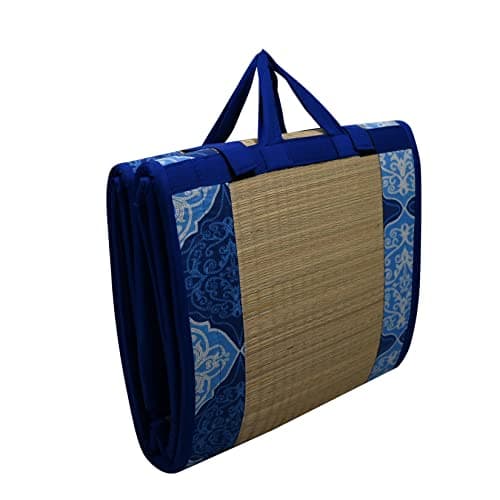 CRAFT OF INDIA Foldable korai Grass Mat 2X6ft with 15MM Soft Foam Hand Made Fabric Blue Cotton