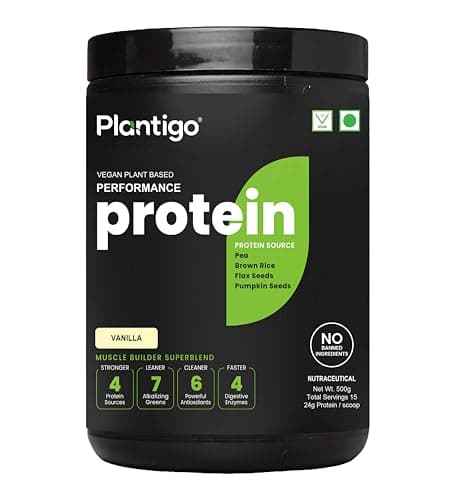 Plantigo Protein Powder 24g Plant Based Protein, 3g BCAA, 2g Leucine, 3g Fiber, 4x Fast Digestion, 95% Bioavailability, 3x Anti Oxidants, Anti Inflammatory, Vitamins, Minerals - Vanilla Flavored 500g 2