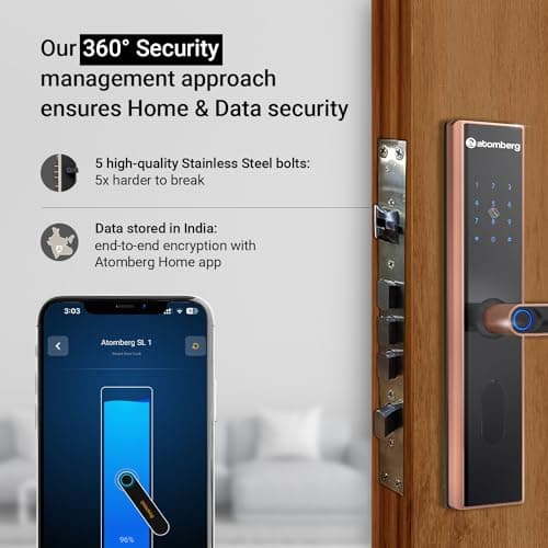 atomberg SL 1 Smart Door Lock | 6 Ways Unlocking | Fingerprint | PIN | OTP | NFC Card | Atomberg Home App (Data Stored in India)| Key | Free Installation | 2 Year Warranty by Atomberg (Rose Gold) 4