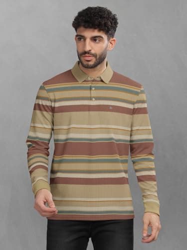 BULLMER Striped Textured Printed Polo Neck Fullsleeve T-Shirt with Rib for Men_Khaki_X-Large 2