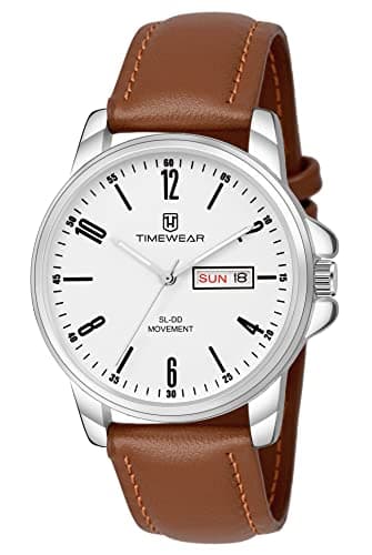 TIMEWEAR Analog New Track White Dial Day Date Functioning Brown Leather Strap Watch for Men