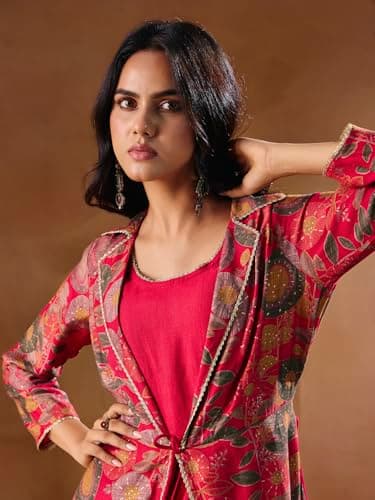 madhuram textiles Women's Vatican Print Ethnic Dress with Jacket Style Gown(M-2550 Pink_Large) 5