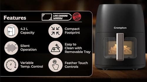 Crompton Ameo DLX 4.2L Digital Air Fryer with Live Cooking Window | 1450W Super Helix Heating | 7-in-1 Functions | Quick Fry Technology | Low Noise | Oil-Free Healthy Cooking | 2 Year Warranty 6