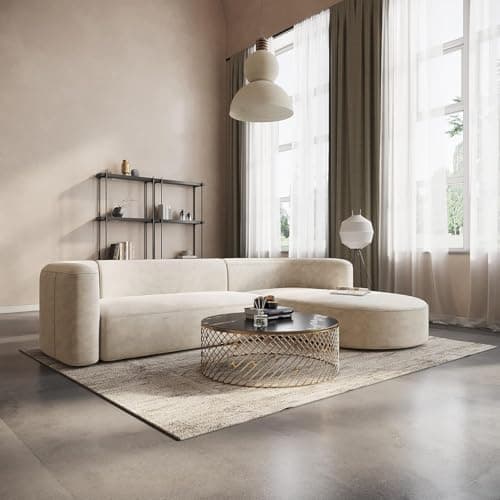 SHINE WOOD ART 105" Luxury Modern Tight Curved Back Velvet Sofa, Minimalist Style Comfy Couch for Living Room Apartment, L-Shape Chaise, Cream 3
