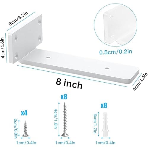 HIRVALL ® 8 Inch Shelf L Shape Pack of 4 White 160 lbs Load Capacity, Metal Brackets for Floating & Wooden Shelves - Novel Shape, 1/5 Inch Thick, Rust-Proof Wall Mount Bracket 2