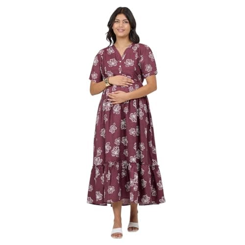 MomToBe Cotton Maternity Feeding Kurti Dress for Women | Pregnancy Dress with Concealed Zippers for Nursing | Comfortable Calf-Length Outfit for Office (in, Alpha, XL, Regular, Plum Wine)