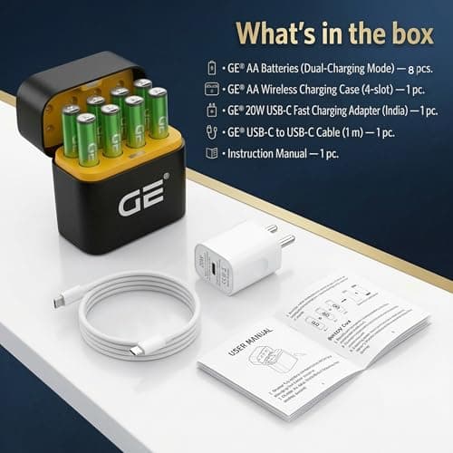 GE® AA Rechargeable Batteries (Lithium 1.5V - 2500 mWh) - New Launch in 2026 | Fast Charge Mode (Direct USB‑C + Wireless) | Pack of 8 Batteries | 10 Years of Life and 1,500+ recharges 2