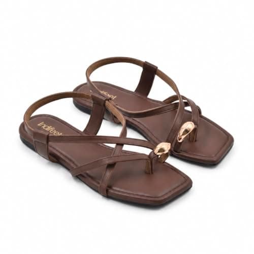 Indifeet Women Toe Ring Flat Sandals, Ankle Strap Slingbacks, Brown, UK 7