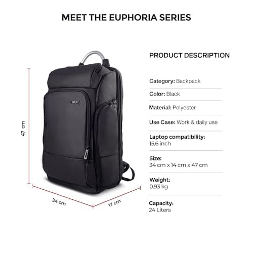 Timus Seattle Black Professional Laptop Backpack for Men & Women 24 L with 15.6 Inch Laptop Compartment | Water resistant with USB Port Anti-Theft Bag | Premium Polyester Fabric 3