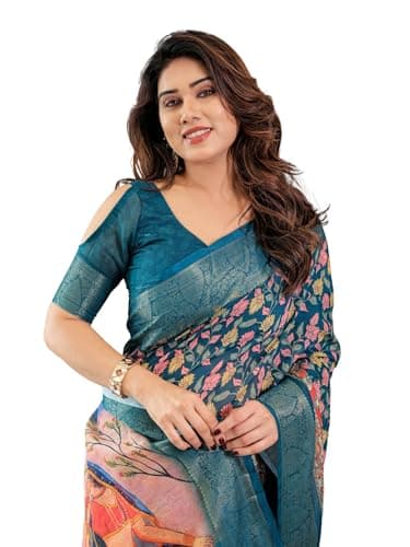 ALMAARI FASHION Cotton Saree for Woman - Cotton Silk Sarees Printed Saree for Women Handloom Peacock Border Ethnic Office Wear Daily Wear Soft Lightweight Designer Indian Sari with Blouse Piece