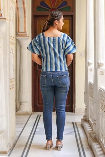 Yash Gallery Women’s Blue Cotton Ikat Printed Puff Sleeve Square Neck Casual Top | Stylish Summer Wear Cotton Blouse for Jeans | Ethnic Western Fusion Wear Top 3