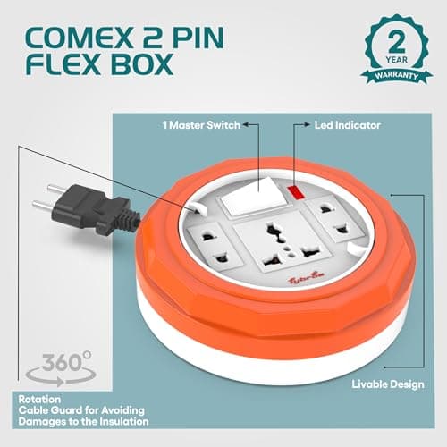 Fybros Comex 2 Pin Extension Cord, Extension Box,Thermal Protection,Power Indicator,6 AMP Output, 2 Year Warranty, 10 Meter Heavy Duty Cable, Surge and Spike Guard (Multicolor) - Made in India 4