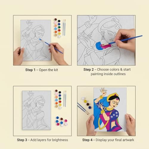 HOBBY INDIA Canvas Painting Board Kit for Kids & Adults | DIY Art & Craft Gift for Boys & Girls | Pre-Designed Indian Handmade Art | Home, Bedroom, Living Room & Office Décor (12 x 9 Inch) (D.Women) 4