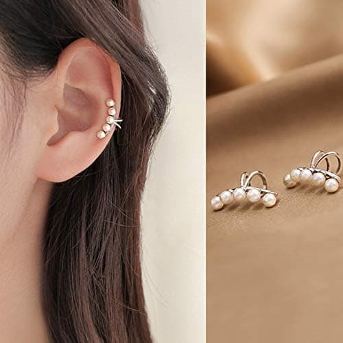 El Regalo 2PCs Tiny Pearl Cuff Cartilage Non-Pierced Clip On Earrings for Girls & Women- Vintage Pearl Clip Earrings (2 Silver) 2