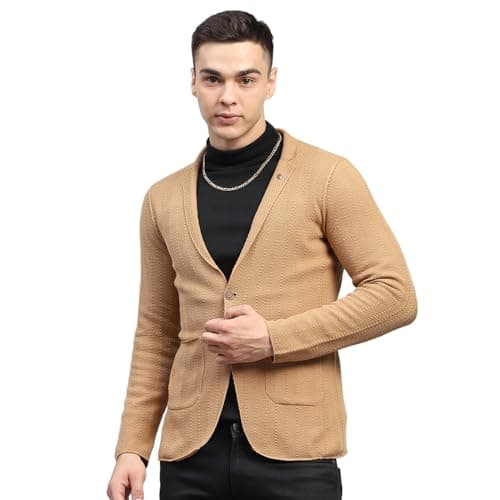 Monte Carlo Mens Self Design Beige V Neck Full Sleeve Coat (1239388KC-77820-44)