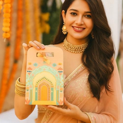 SATYAM KRAFT 5 Pcs Multipurpose Foldable Decorative Rajwadi Hamper Boxes with Handle & Ribbon | Gifting & Gift Packaging for Wedding, Valentine's day,Birthday, Dry Fruits, Sweets (Peach) (Small) 5
