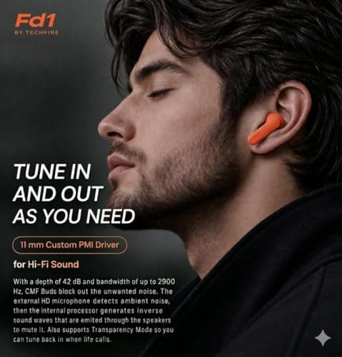 FD1 TWS Wireless Earbuds, Bluetooth 5.0, in-Ear, Black, Touch Control, 40 Hours Battery, with Charging Case (Orange) 5