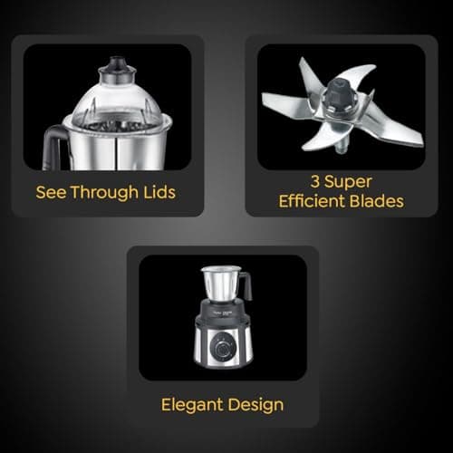 Prestige Endura 1000W Mixer Grinder with Ball Bearing Technology|Stainless Steel 3 Jars with Flow breakers|Overload protection|Black & Silver 4