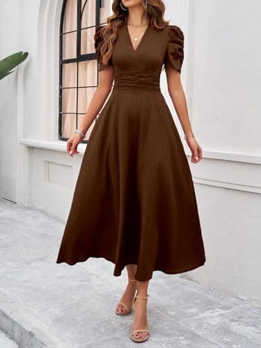 Shasmi Girl's & Women's Brown Solid Color V-Neck A-Line Maxi Dress for Women | New Year Party Outfit | Waist Cinched Puff Sleeve Western Dress | Elegant Casual Wear (Dress 246 Brown-M) 5