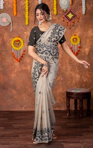 Bengal Looms India - Tantuja Inspired Traditional Karat Needle Nakshi Jaal Work Soft Jamdani Saree with Blouse Piece- Ethnic Wear for Wedding, Festive & Party Occasions 3