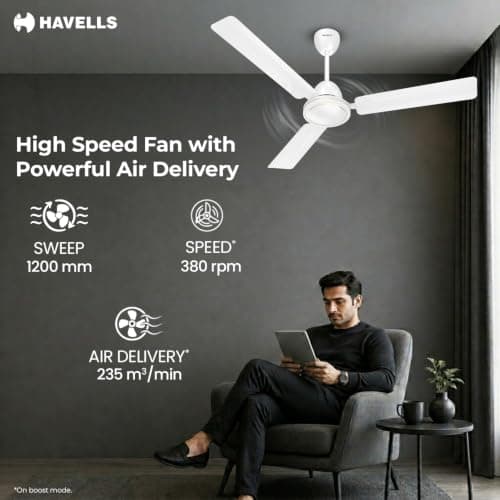 Havells 1200mm Ambrose DX BLDC Motor Ceiling Fan for Home | Remote Controlled, High Air Delivery Fan | 5 Star Rated, Upto 60% Energy Saving| Power: 380 RPM| 2 Year Warranty | (Pack of 1, White) 3