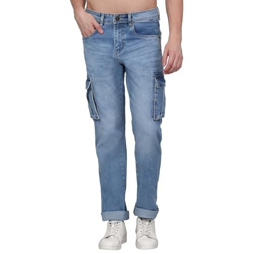 Cantabil Light-Blue Men Solid Full Length Regular Fit Denim Cargo Pant | Casual Denim Cargo Pant for Men | Denim Cargo Pant for Men (MCRG00011_LTHILLIUM_32)