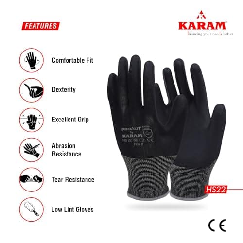Karam HS22 Safety Gloves for Mechanical Hazards | Safety Work Gloves with Black Liner with Black PU Coating | Multipurpose Use | Cut Resistant | Abrasion, Tear & Puncture Resistant | Size-XL 4