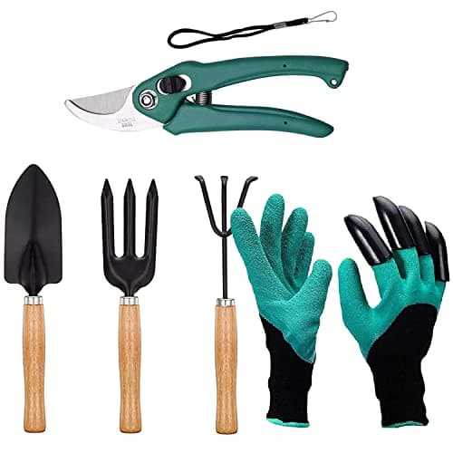 Oblivion Gardening Tools Set of 5 Pcs - Flower Cutter, Garden Shear, Pruner, Gardening Gloves & Big Garden Tool Set Wooden Handle Hand Cultivator, Trowel, Garden Fork