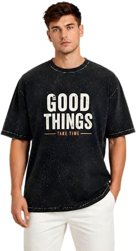 Amazon Brand - Anarva Men’s Oversized Acid Wash T-Shirt | Premium Cotton Relaxed Fit | Drop Shoulder Half Sleeve Casual Streetwear Tee for Men (in, Alpha, 2XL, Regular, Black PRT 2)
