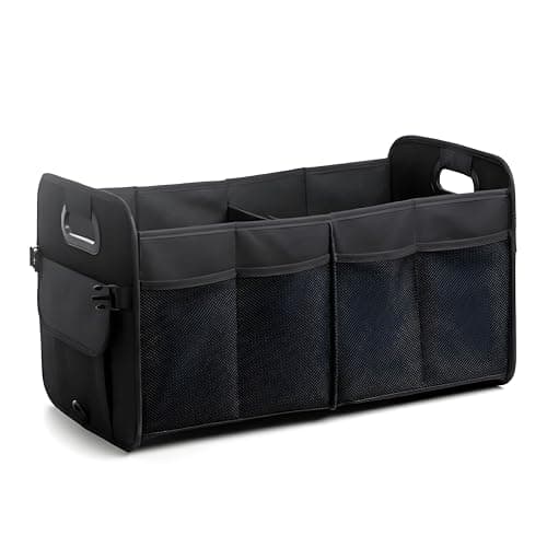 XBEY Car Trunk Boot Organizer Collapsible Multi-Compartment Car Storage Waterproof 600D Oxford Polyester Reinforced Handles suitable for any Car Suv Sedan Minivan Anti Slip Bottom (Black)