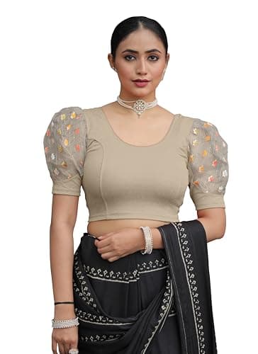 Amazon Brand - Anarva Round Neck Lycra Stretchable Puffed Elbow Sleeve Readymade Saree Blouse for Women Stylish (roli-Silver-Blouse-XL)