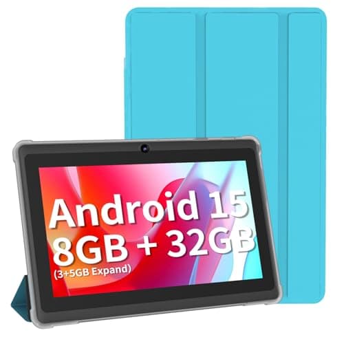 NEWISION 7 Inch Tablet with Case, Five Cores Android 15 Tablets, 8GB RAM, 32GB ROM, 512GB Expansion, IPS Display HD 1024x600, 3500mAh, Dual Camera, USB C Tablet PC (Blue)