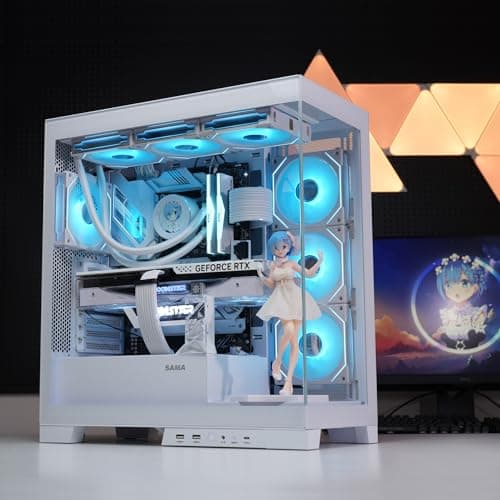 SAMA NEVIEW 4503 Mid Tower PC Case, Panoramic Dual Tempered Glass ATX Gaming Case, 4×120mm ARGB Fans with Hub, High Airflow, Back-Connector Ready, Type-C & 2× USB 3.0, 360mm AIO Support, White 2