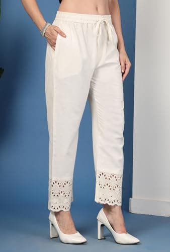 Pistaa's Women's Pure Cotton Regular Hem Design Solid Palazzos (34, Bright Cream) 3
