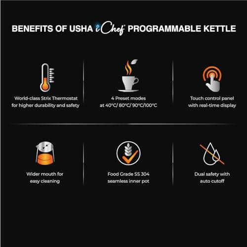 Usha ICHEF Programmable Kettle 2000 Watt| 1.5L | Digital LED Display & Touch control | Double wall for protection from hot exterior| 4 Pre-set modes| Safety with auto cut off | 2 Years Warranty(Black) 4