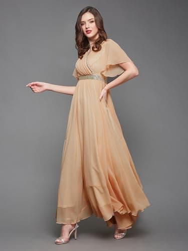 Miss Chase Women's V-Neck Flared/Bell Sleeves Fit & Flare Maxi Dress,(MCSS23D06-61-101-04, Peach, M) 3
