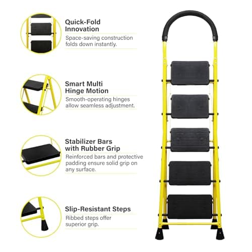 BonKaso Mild Steel Multipurpose Climb Swift 5-Step Foldable Ladder with Safety Clutch Lock, Load Capacity Upto 120kg – Anti-Slip Designed for Indoor & Outdoor Use - (Yellow & Black) 2