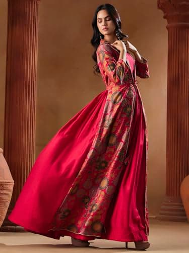 madhuram textiles Women's Vatican Print Ethnic Dress with Jacket Style Gown(M-2550 Pink_Large) 4