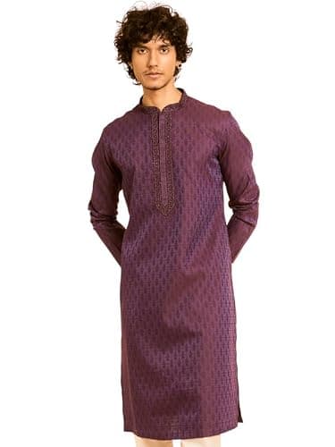 DIWAS BY MANYAVAR Men's Viscose Blend Neck Embroidered Self Design Kurta (Purple,L)