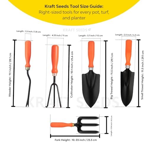 Kraft Seeds Gardening Hand Tools Set - 5 Pieces (Cultivator, Big and Small Trowel, Weeder, Fork) | Tools for Home Garden | Durable Plant Tool Kit | Farming Tools 3