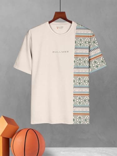 BULLMER Men Cotton Blend printed Trendy Clothing Set With Oversized T-Shirt & Pants Co-Ords / Beige2:Black/Small 3