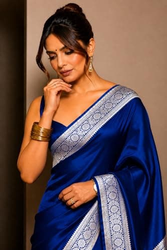 Rabbaitul Bait Banarasi Satin Silk Saree with Silver Zari for Women | Pure Designer Sari | Wedding Party Traditional Outfit | Latest Ethnic Fashion Bollywood Style (Royal Blue) 2