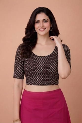Amazon Brand - Anarva Women's Kalamkari Print Cotton Stretchable Round Neck Readymade Saree Blouse (kalamkari-blouse-Jaal-black-2xl) 5
