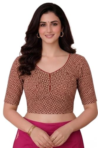 Amazon Brand - Anarva Women's Premium Cotton Trikon Print Strechable Readymade Saree Blouse | U-Neck Ethnic Wear for Festive and Party Look | Katori Cut (Cup-Blouse-trikon-Maroon-m)