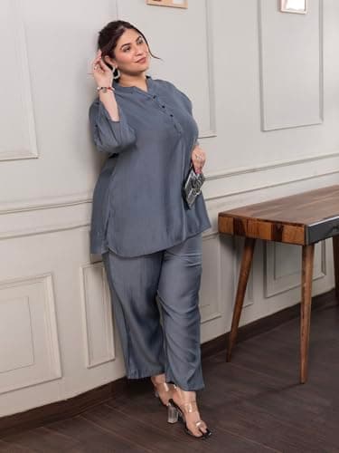 TITTLI Dark Grey Rayon Co-Ord Set | Plus Size Mandarin Collar Tunic with Three-Quarter Sleeves & Elastic Waist Trousers for Women | Casual Outfit (Dark Grey, 5XL) 4