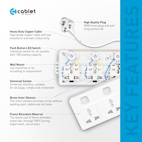Cablet Extension Board 2500W 10A | 6 Universal Multi Plug Socket with Individual Switches | 4.5 Meter Heavy Duty Cord | LED Indicator, Power Strip & Spike Guard for Home & Office Use 4