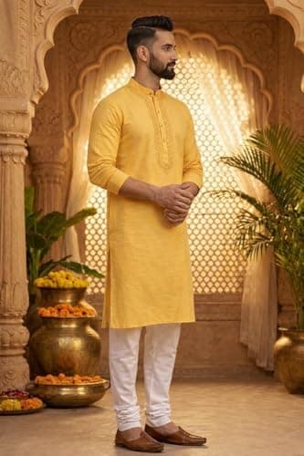 Men’s Cotton Kurta Pyjama Set | Solid Long Kurta Pajama for Men – Regular Fit | Traditional Ethnic Wear for Festive, Wedding & Casual Occasions | Comfortable Cotton Kurta Set (Orange) 3